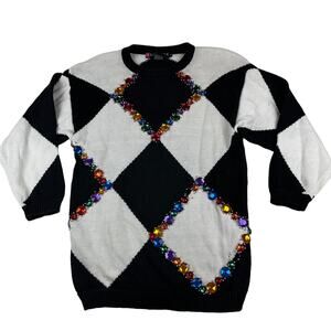Vintage 90s Jeweled Argyle Sweater Black White Ramie Cotton Sz S